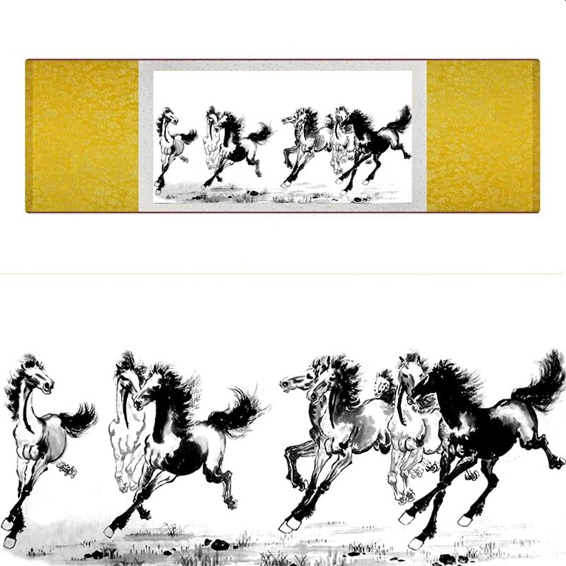 Chinese Art Scroll Painting Animal Horse Eight Ancient Silk Picture Wall Ideas 18640-Chinese Style Finds™