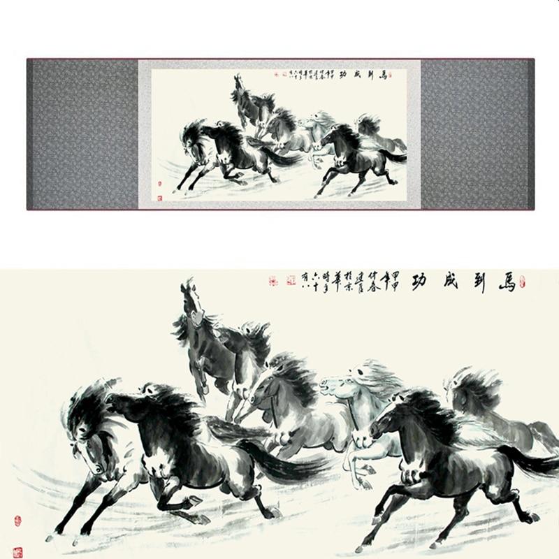 Chinese Art Scroll Painting Animal Horse Eight Ancient Silk Picture Wall Ideas 18648-Chinese Style Finds™