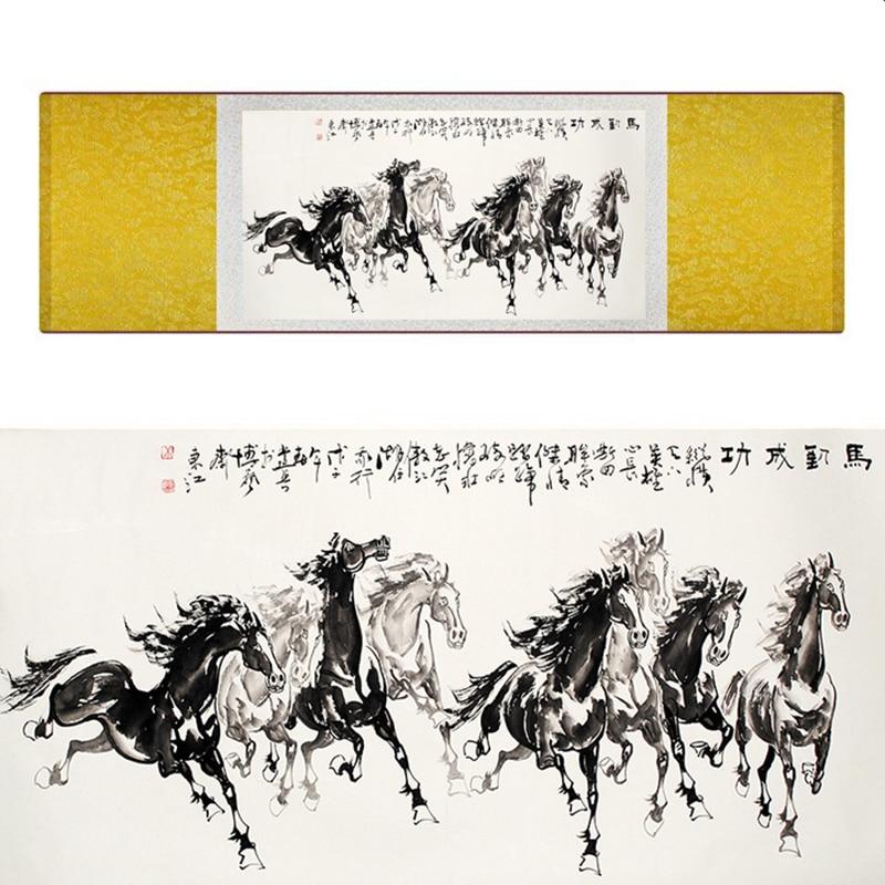 Chinese Art Scroll Painting Animal Horse Eight Ancient Silk Picture Wall Ideas 18652-Chinese Style Finds™