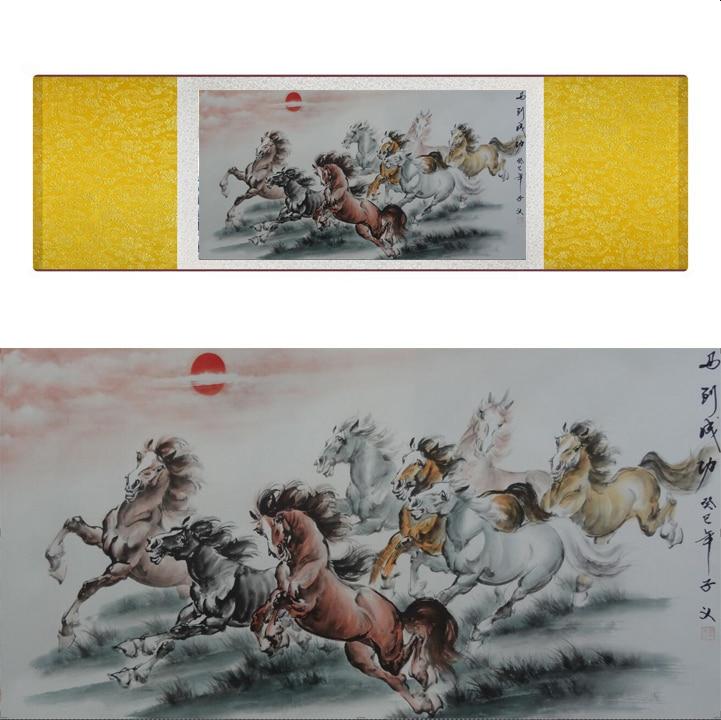 Chinese Art Scroll Painting Animal Horse Eight Ancient Silk Picture Wall Ideas 19802-Chinese Style Finds™