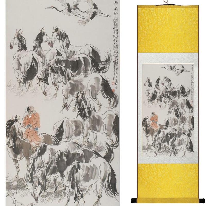 Chinese Art Scroll Painting Animal Horse Eight Ancient Silk Picture Wall Ideas 19906-Chinese Style Finds™