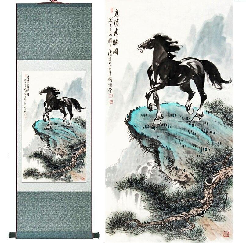 Chinese Art Scroll Painting Animal Horse On Mountain Ancient Silk Picture Wall Ideas 10808-Chinese Style Finds™