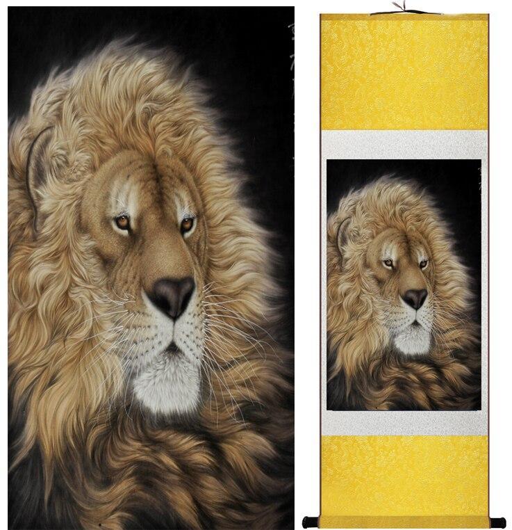 Chinese Art Scroll Painting Animal Lion Ancient Silk Picture Wall Ideas 12386-Chinese Style Finds™