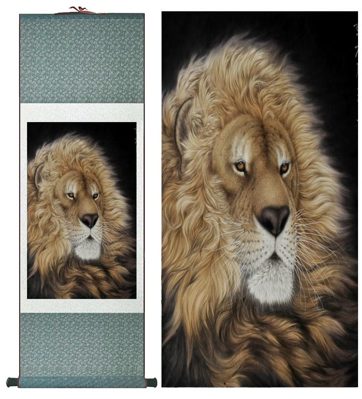 Chinese Art Scroll Painting Animal Lion Ancient Silk Picture Wall Ideas 12386-Chinese Style Finds™