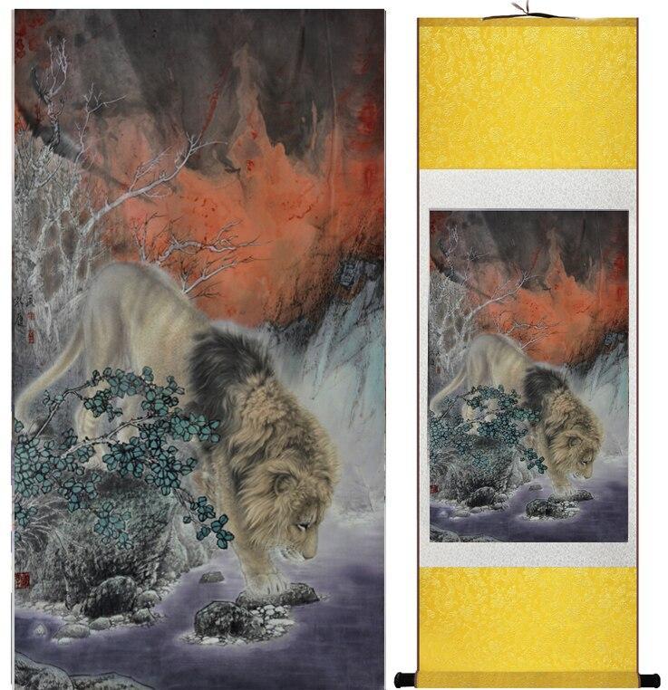 Chinese Art Scroll Painting Animal Lion Ancient Silk Picture Wall Ideas 12662-Chinese Style Finds™