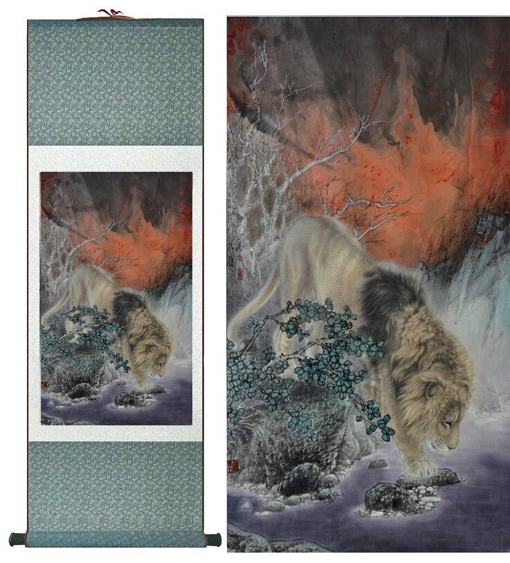 Chinese Art Scroll Painting Animal Lion Ancient Silk Picture Wall Ideas 12662-Chinese Style Finds™