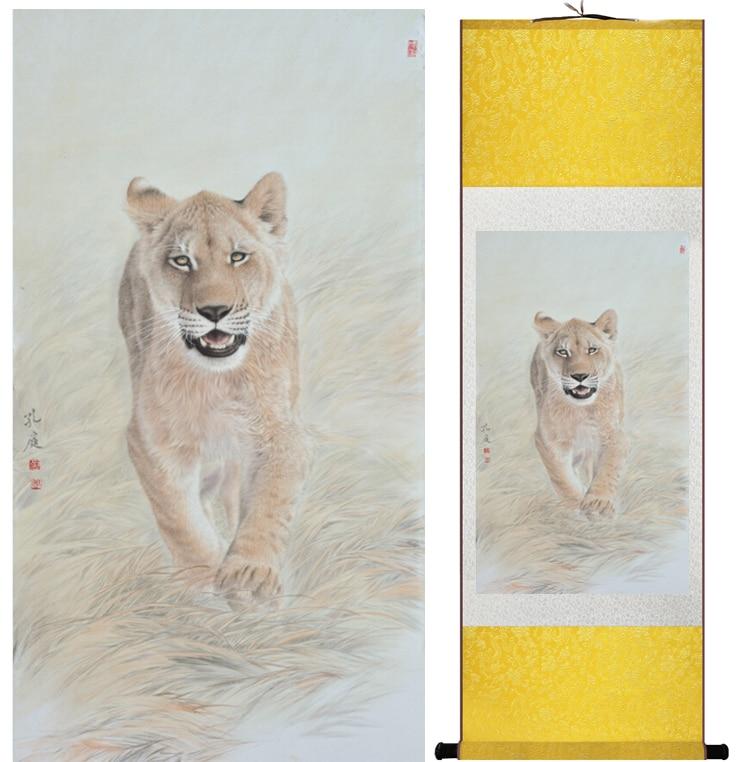 Chinese Art Scroll Painting Animal Lion Ancient Silk Picture Wall Ideas 12982-Chinese Style Finds™