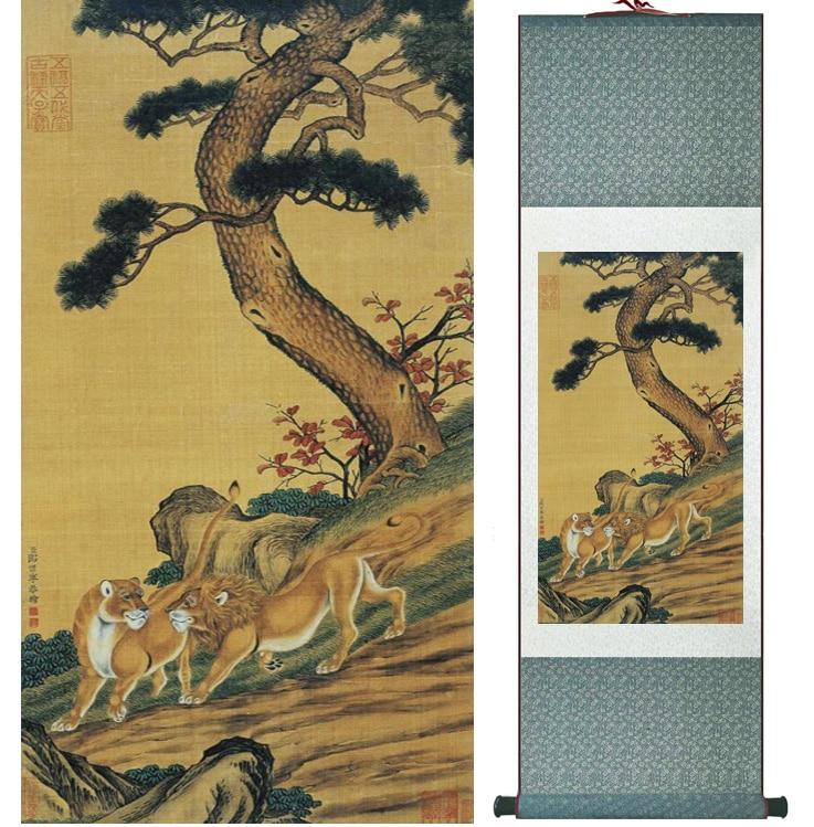 Chinese Art Scroll Painting Animal Lion Ancient Silk Picture Wall Ideas 15214-Chinese Style Finds™