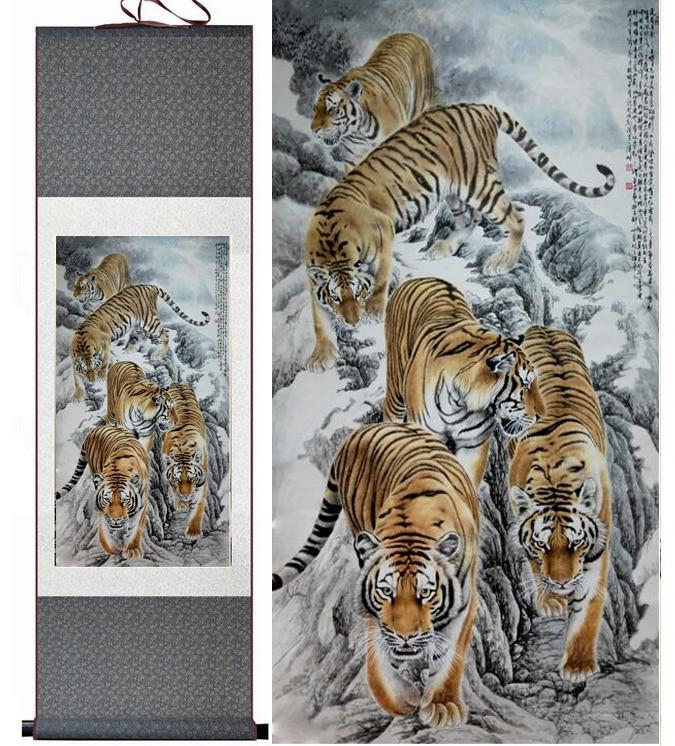Chinese Art Scroll Painting Animal Tiger Ancient Silk Picture Wall Ideas 10332-Chinese Style Finds™