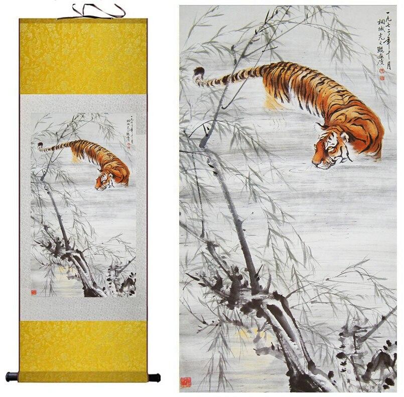 Chinese Art Scroll Painting Animal Tiger Ancient Silk Picture Wall Ideas 10466-Chinese Style Finds™