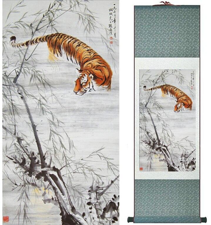 Chinese Art Scroll Painting Animal Tiger Ancient Silk Picture Wall Ideas 10466-Chinese Style Finds™