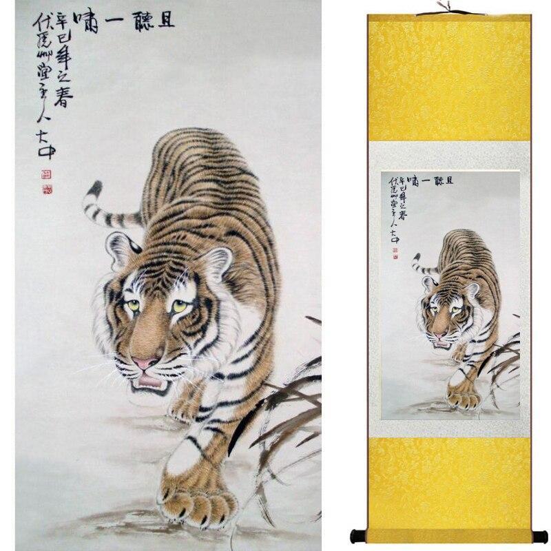 Chinese Art Scroll Painting Animal Tiger Ancient Silk Picture Wall Ideas 10594-Chinese Style Finds™