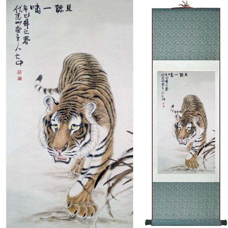 Chinese Art Scroll Painting Animal Tiger Ancient Silk Picture Wall Ideas 10594-Chinese Style Finds™