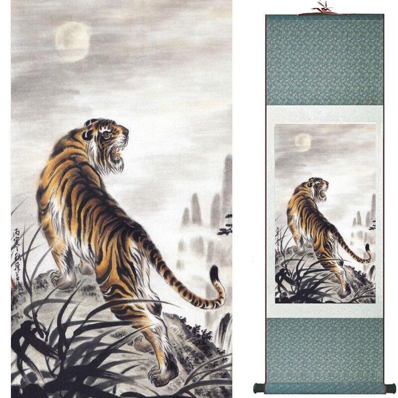 Chinese Art Scroll Painting Animal Tiger Ancient Silk Picture Wall Ideas 10598-Chinese Style Finds™