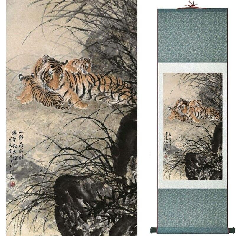 Chinese Art Scroll Painting Animal Tiger Ancient Silk Picture Wall Ideas 10602-Chinese Style Finds™