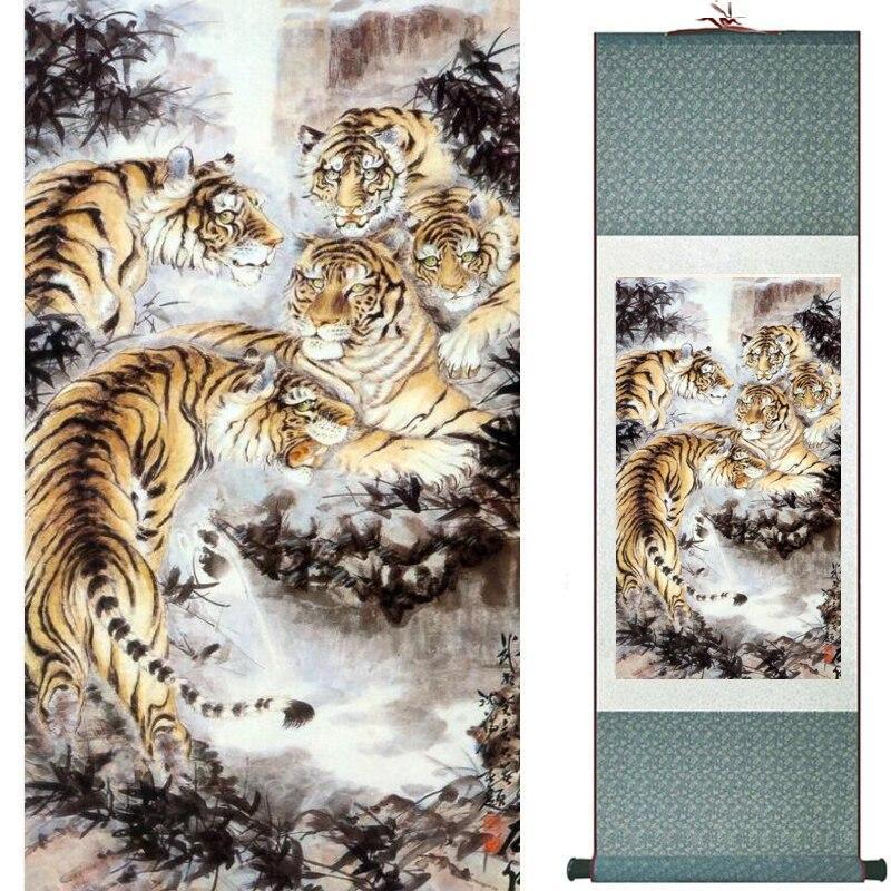 Chinese Art Scroll Painting Animal Tiger Ancient Silk Picture Wall Ideas 10610-Chinese Style Finds™