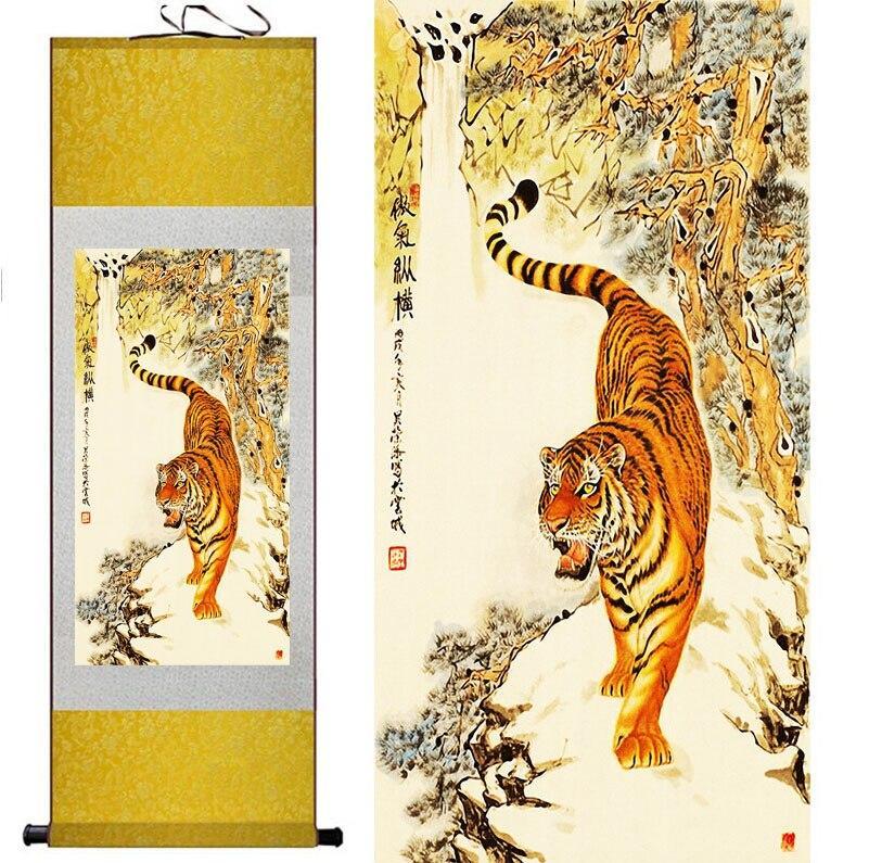 Chinese Art Scroll Painting Animal Tiger Ancient Silk Picture Wall Ideas 10828-Chinese Style Finds™