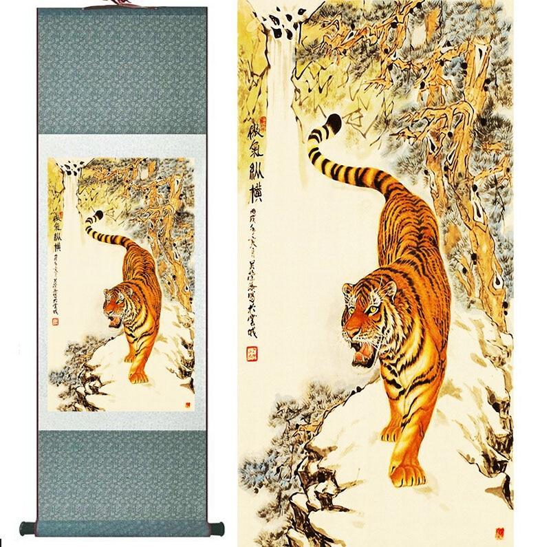 Chinese Art Scroll Painting Animal Tiger Ancient Silk Picture Wall Ideas 10828-Chinese Style Finds™