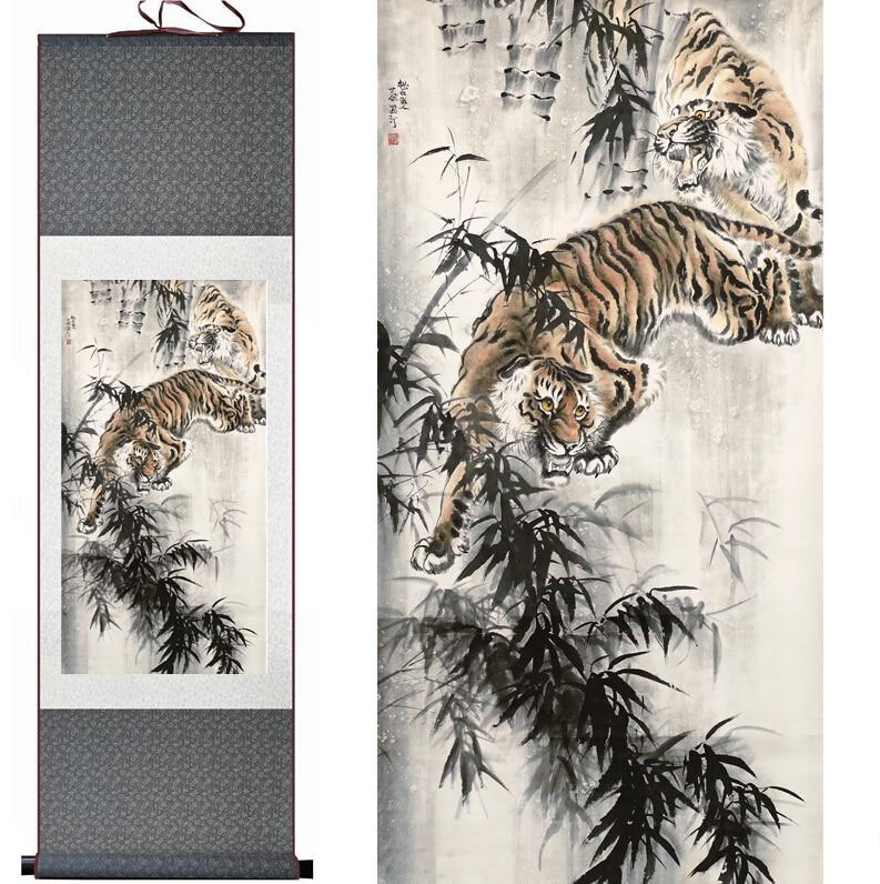 Chinese Art Scroll Painting Animal Tiger Ancient Silk Picture Wall Ideas 10832-Chinese Style Finds™