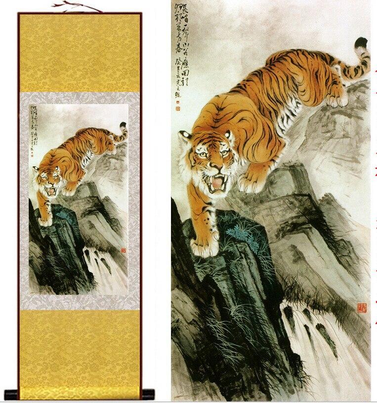 Chinese Art Scroll Painting Animal Tiger Ancient Silk Picture Wall Ideas 11210-Chinese Style Finds™