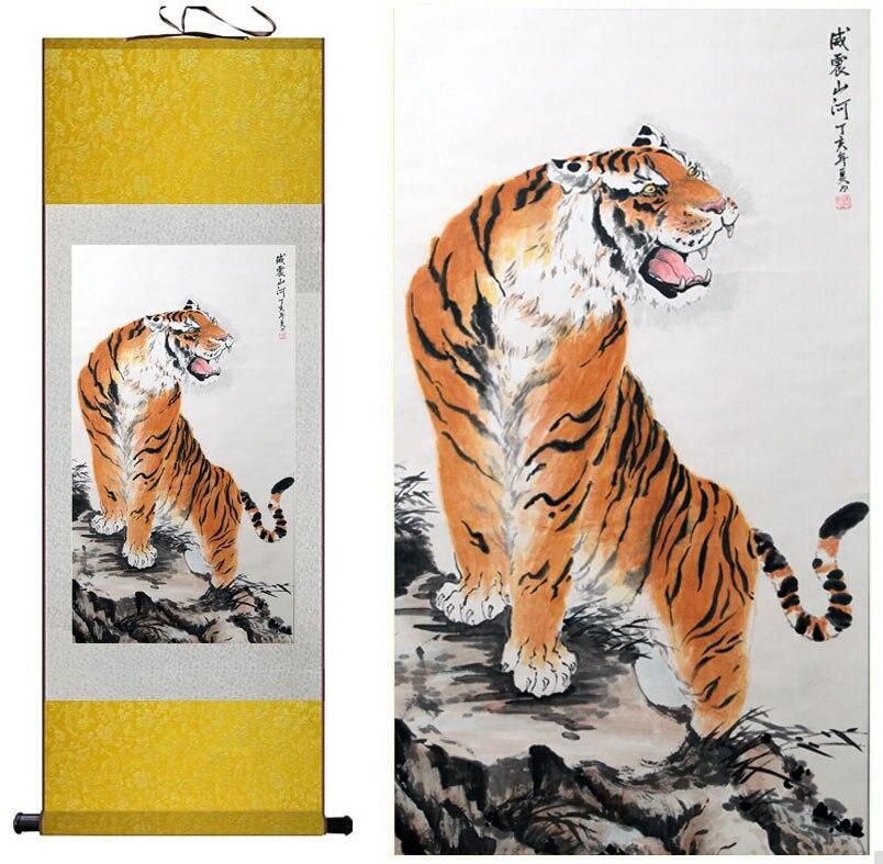 Chinese Art Scroll Painting Animal Tiger Ancient Silk Picture Wall Ideas 11318-Chinese Style Finds™