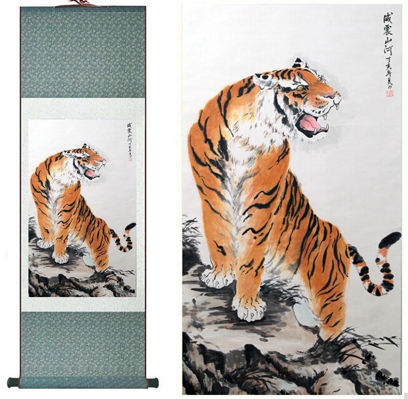 Chinese Art Scroll Painting Animal Tiger Ancient Silk Picture Wall Ideas 11318-Chinese Style Finds™