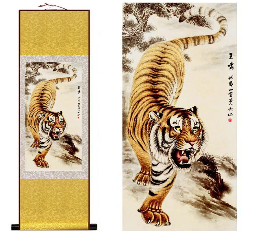 Chinese Art Scroll Painting Animal Tiger Ancient Silk Picture Wall Ideas 12182-Chinese Style Finds™