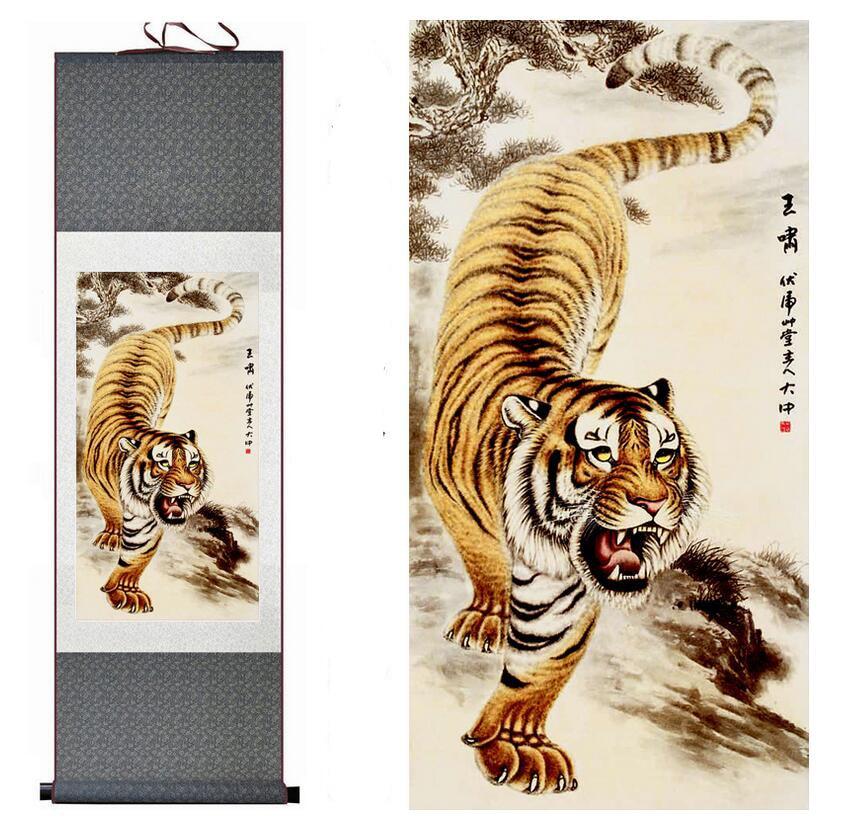 Chinese Art Scroll Painting Animal Tiger Ancient Silk Picture Wall Ideas 12182-Chinese Style Finds™