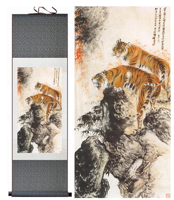 Chinese Art Scroll Painting Animal Tiger Ancient Silk Picture Wall Ideas 12274-Chinese Style Finds™