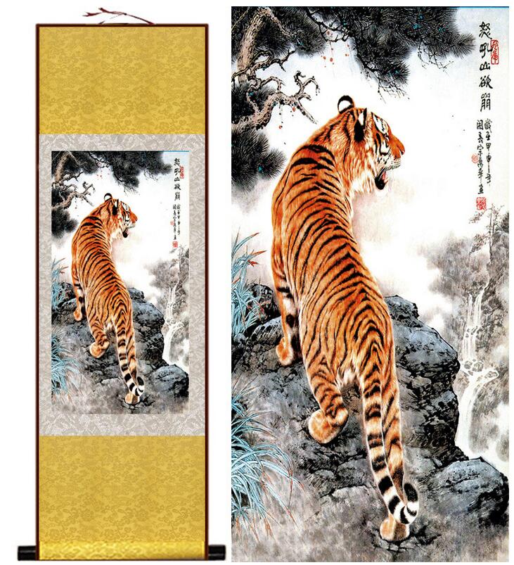 Chinese Art Scroll Painting Animal Tiger Ancient Silk Picture Wall Ideas 12282-Chinese Style Finds™