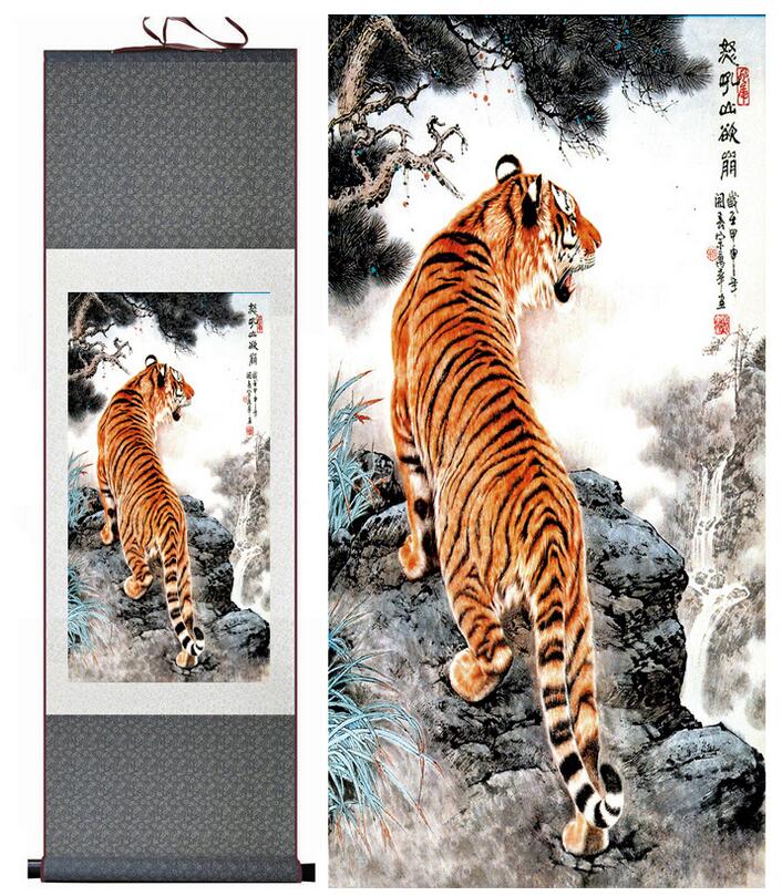 Chinese Art Scroll Painting Animal Tiger Ancient Silk Picture Wall Ideas 12282-Chinese Style Finds™