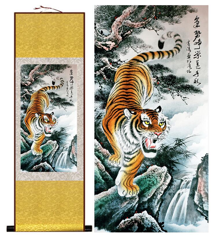 Chinese Art Scroll Painting Animal Tiger Ancient Silk Picture Wall Ideas 12286-Chinese Style Finds™