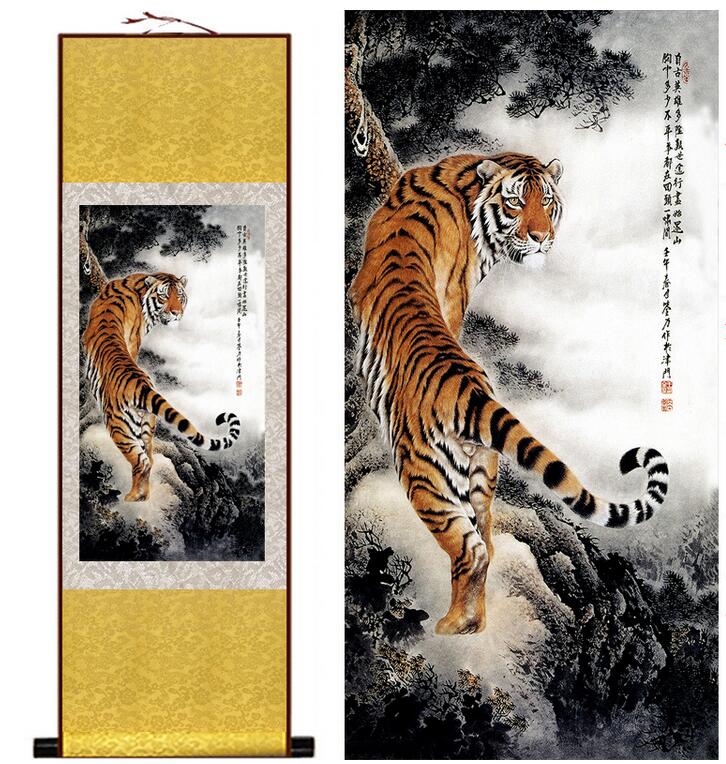 Chinese Art Scroll Painting Animal Tiger Ancient Silk Picture Wall Ideas 12290-Chinese Style Finds™