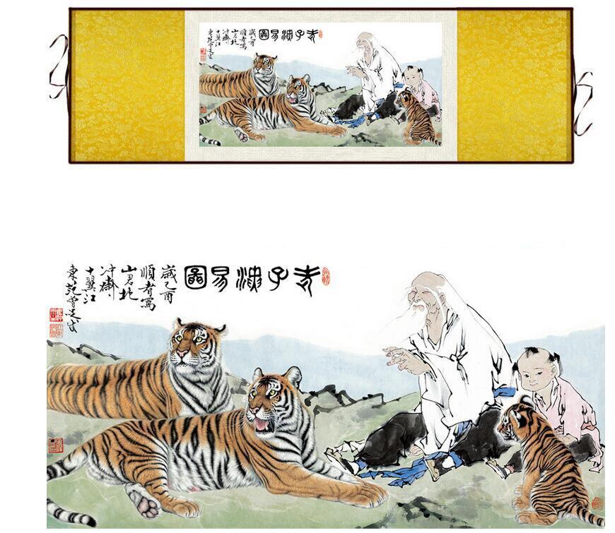 Chinese Art Scroll Painting Animal Tiger Ancient Silk Picture Wall Ideas 12294-Chinese Style Finds™