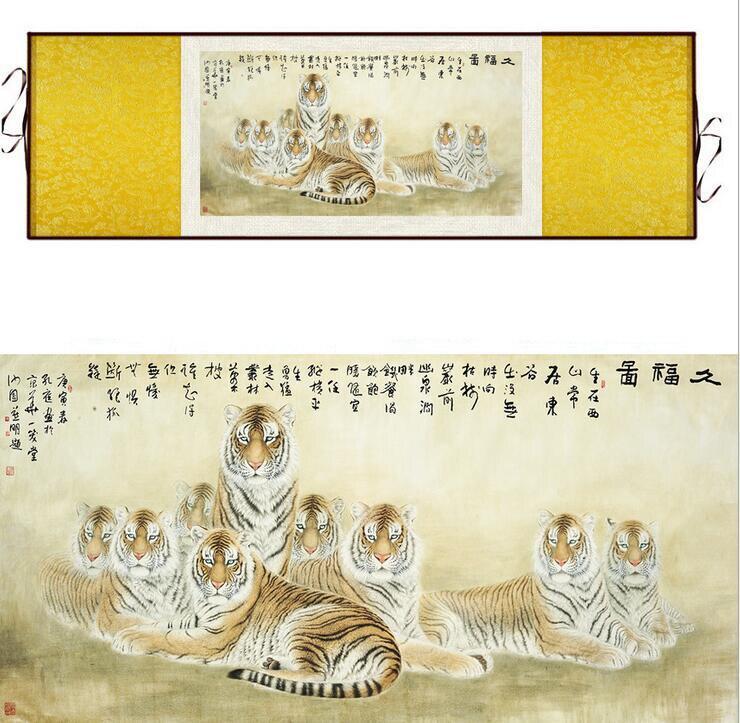 Chinese Art Scroll Painting Animal Tiger Ancient Silk Picture Wall Ideas 12298-Chinese Style Finds™