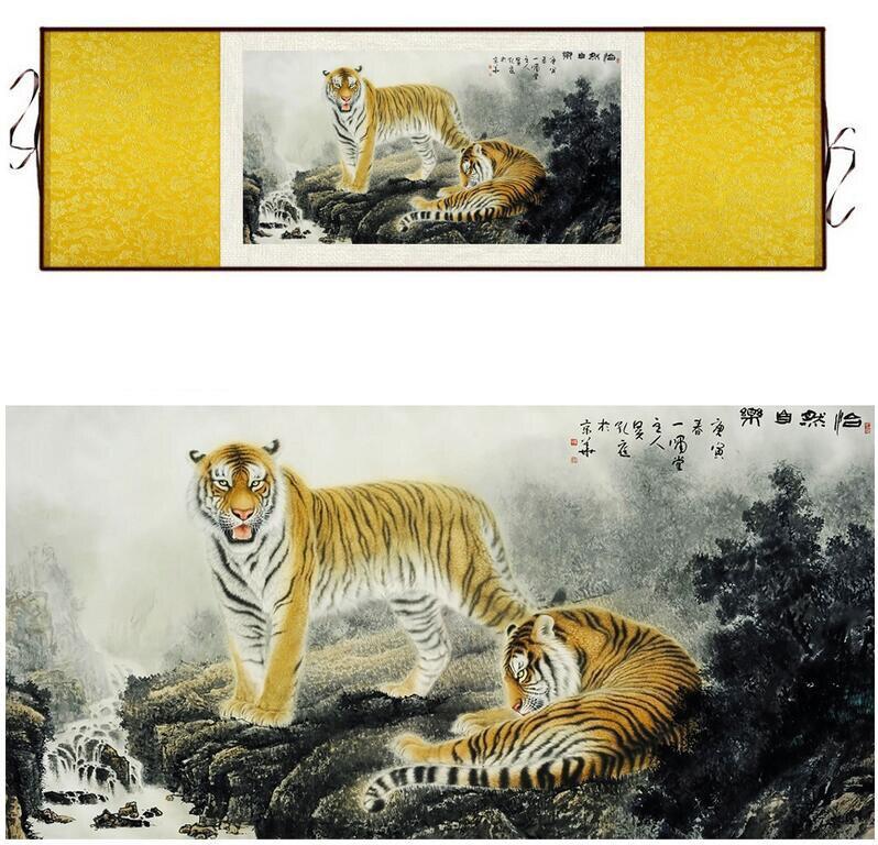 Chinese Art Scroll Painting Animal Tiger Ancient Silk Picture Wall Ideas 12302-Chinese Style Finds™