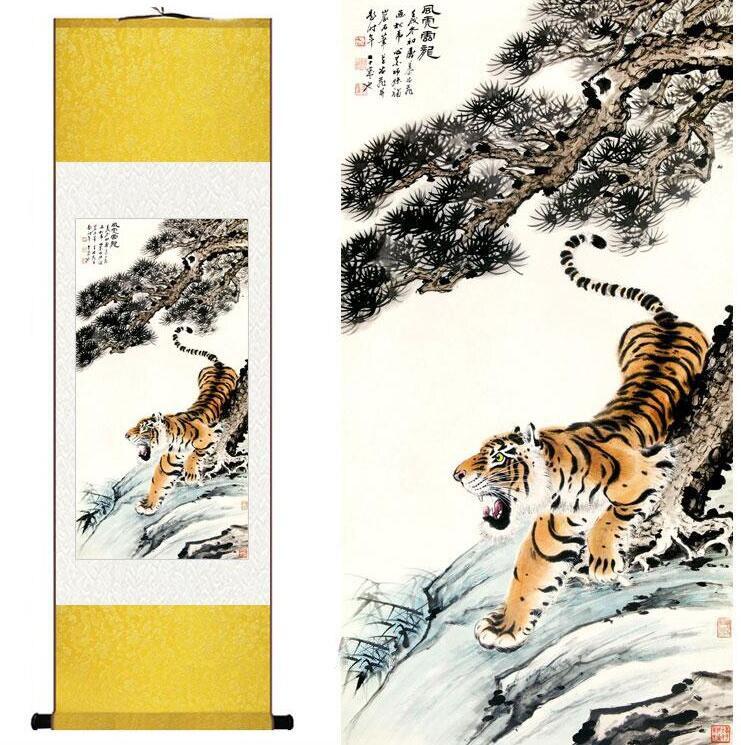 Chinese Art Scroll Painting Animal Tiger Ancient Silk Picture Wall Ideas 12306-Chinese Style Finds™