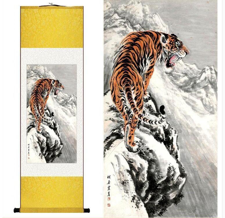 Chinese Art Scroll Painting Animal Tiger Ancient Silk Picture Wall Ideas 12310-Chinese Style Finds™