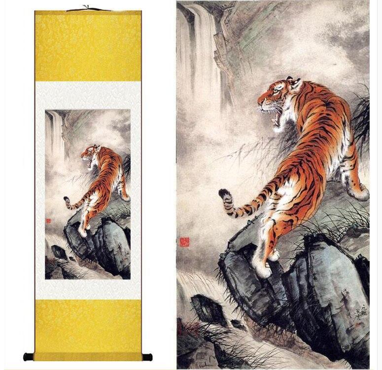 Chinese Art Scroll Painting Animal Tiger Ancient Silk Picture Wall Ideas 12314-Chinese Style Finds™