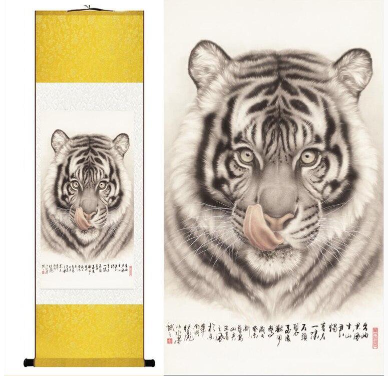 Chinese Art Scroll Painting Animal Tiger Ancient Silk Picture Wall Ideas 12318-Chinese Style Finds™