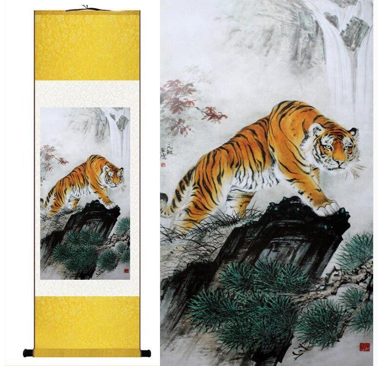 Chinese Art Scroll Painting Animal Tiger Ancient Silk Picture Wall Ideas 12322-Chinese Style Finds™