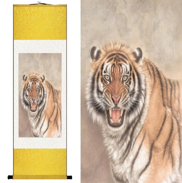 Chinese Art Scroll Painting Animal Tiger Ancient Silk Picture Wall Ideas 12330-Chinese Style Finds™