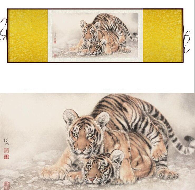 Chinese Art Scroll Painting Animal Tiger Ancient Silk Picture Wall Ideas 12350-Chinese Style Finds™