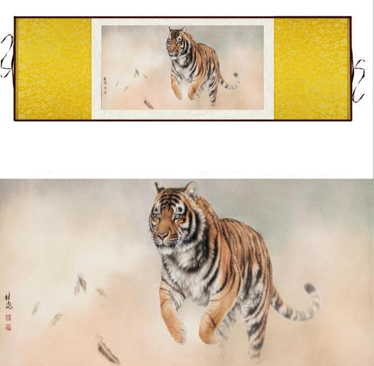 Chinese Art Scroll Painting Animal Tiger Ancient Silk Picture Wall Ideas 12354-Chinese Style Finds™