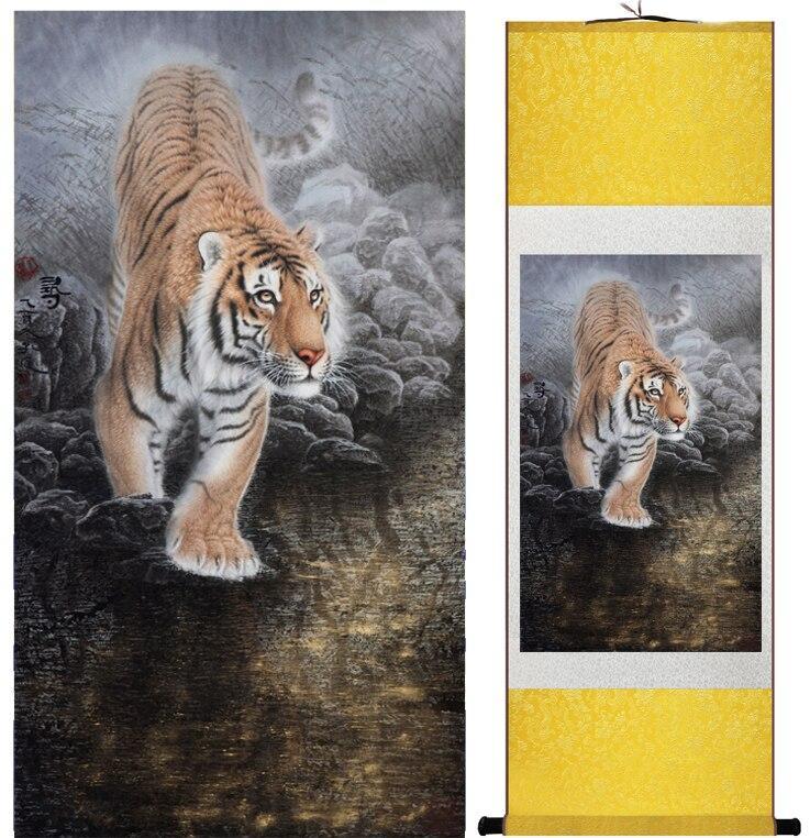 Chinese Art Scroll Painting Animal Tiger Ancient Silk Picture Wall Ideas 12394-Chinese Style Finds™