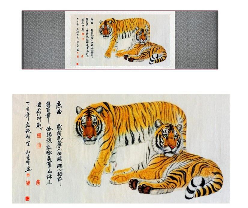 Chinese Art Scroll Painting Animal Tiger Ancient Silk Picture Wall Ideas 12646-Chinese Style Finds™