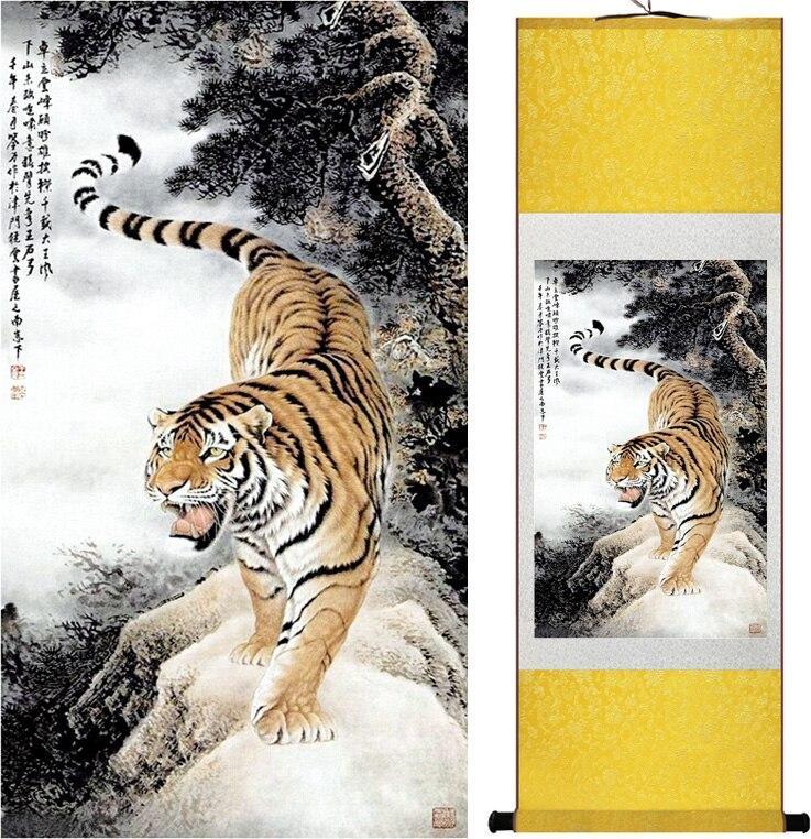 Chinese Art Scroll Painting Animal Tiger Ancient Silk Picture Wall Ideas 12918-Chinese Style Finds™