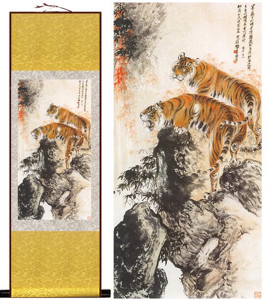 Chinese Art Scroll Painting Animal Tiger Ancient Silk Picture Wall Ideas 13686-Chinese Style Finds™