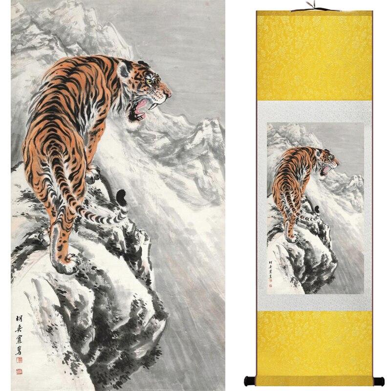 Chinese Art Scroll Painting Animal Tiger Ancient Silk Picture Wall Ideas 15752-Chinese Style Finds™