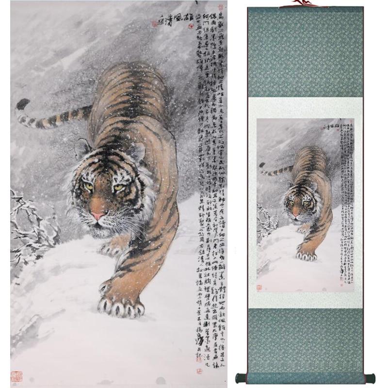 Chinese Art Scroll Painting Animal Tiger Ancient Silk Picture Wall Ideas 15756-Chinese Style Finds™